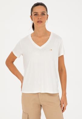 Kadın Simli Beyaz V Yaka Tişört - 50286111043