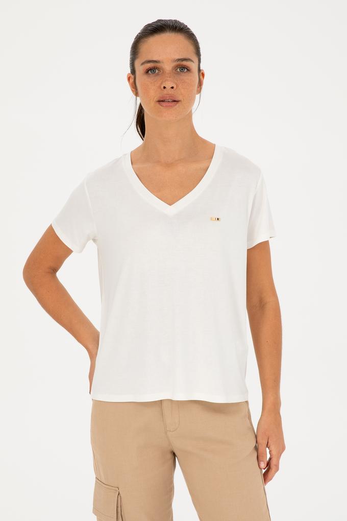 Kadın Simli Beyaz V Yaka Tişört
