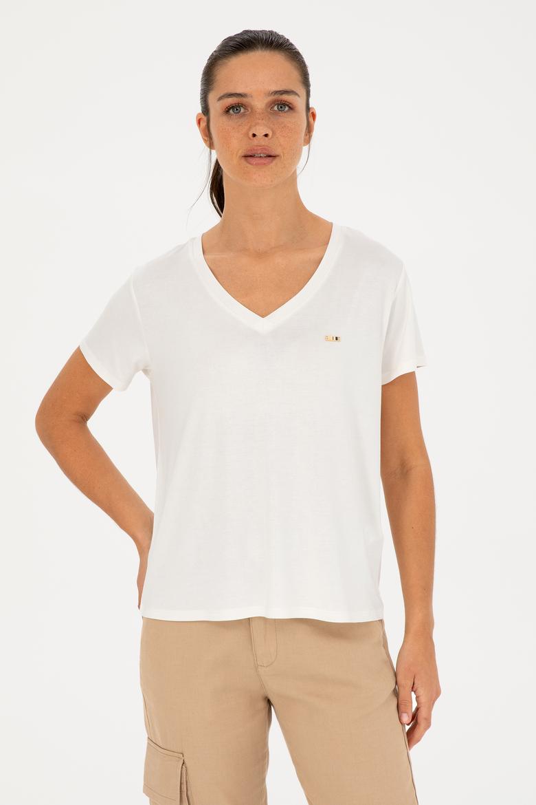 Kadın Simli Beyaz V Yaka Tişört