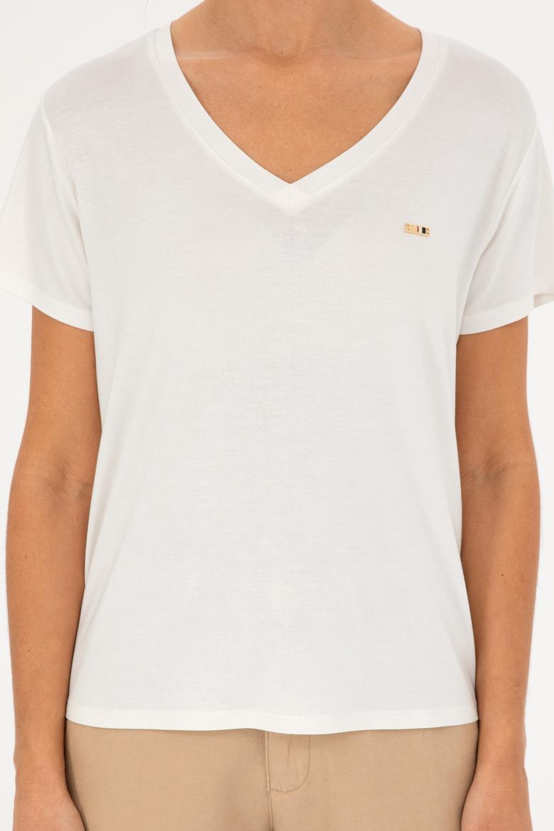 Kadın Simli Beyaz V Yaka Tişört - 50286111043