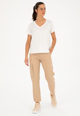 Kadın Simli Beyaz V Yaka Tişört - 50286111043