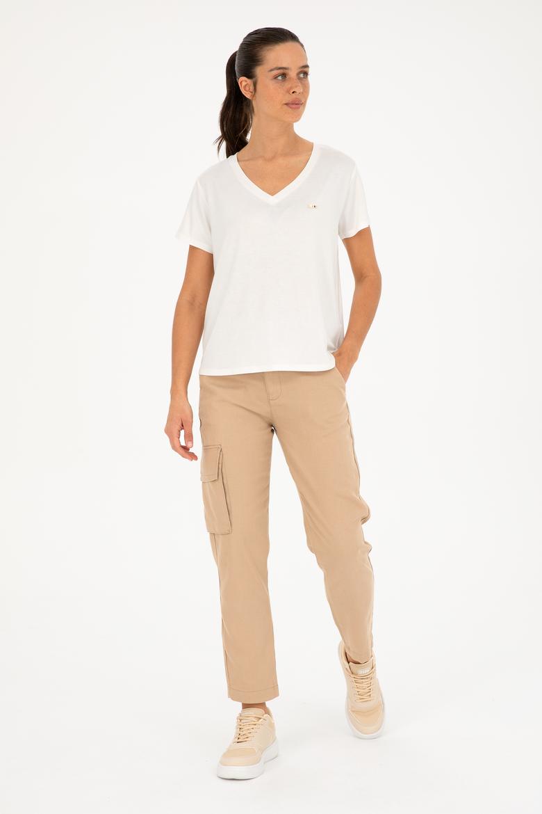 Kadın Simli Beyaz V Yaka Tişört - 50286111043