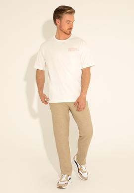 Erkek Comfort Fit Bisiklet Yaka Ekru Tişört - 50281566019