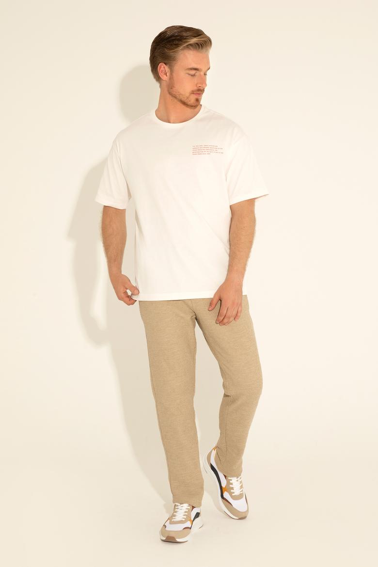 Erkek Comfort Fit Bisiklet Yaka Ekru Tişört - 50281566019