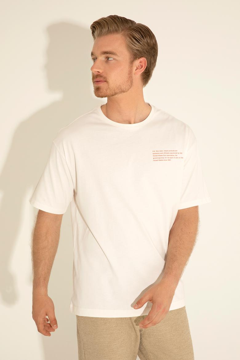 Erkek Comfort Fit Bisiklet Yaka Ekru Tişört - 50281566019