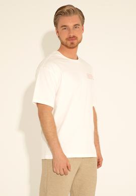 Erkek Comfort Fit Bisiklet Yaka Ekru Tişört - 50281566019