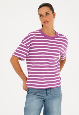 Kadın Mor Bisiklet Yaka Tişört - 50285841023