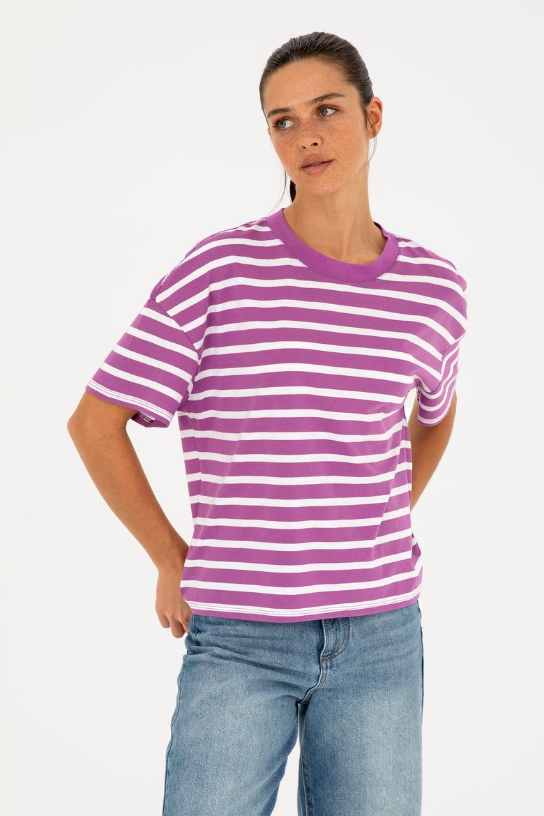 Kadın Mor Bisiklet Yaka Tişört