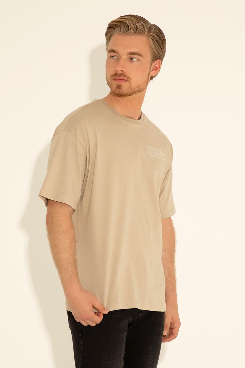 Erkek Comfort Fit Bisiklet Yaka Açık Haki Tişört - 50281566001