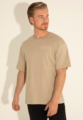 Erkek Comfort Fit Bisiklet Yaka Açık Haki Tişört - 50281566001