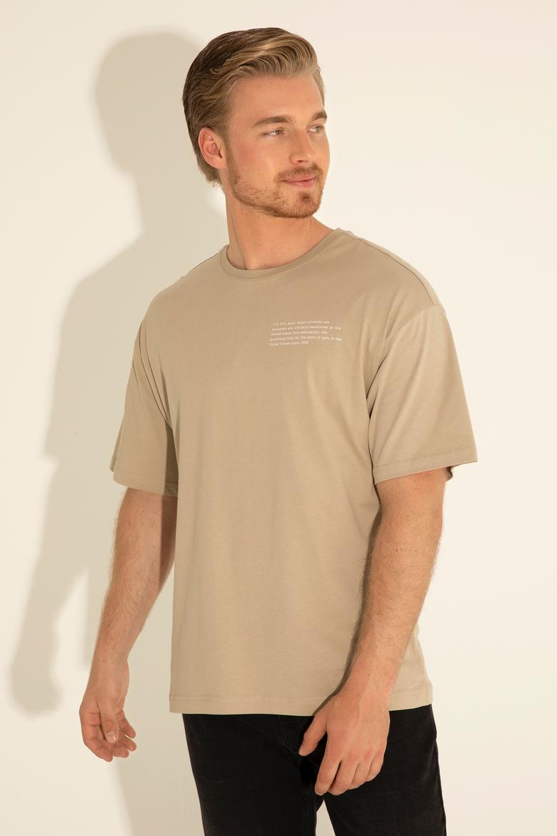 Erkek Comfort Fit Bisiklet Yaka Açık Haki Tişört - 50281566001
