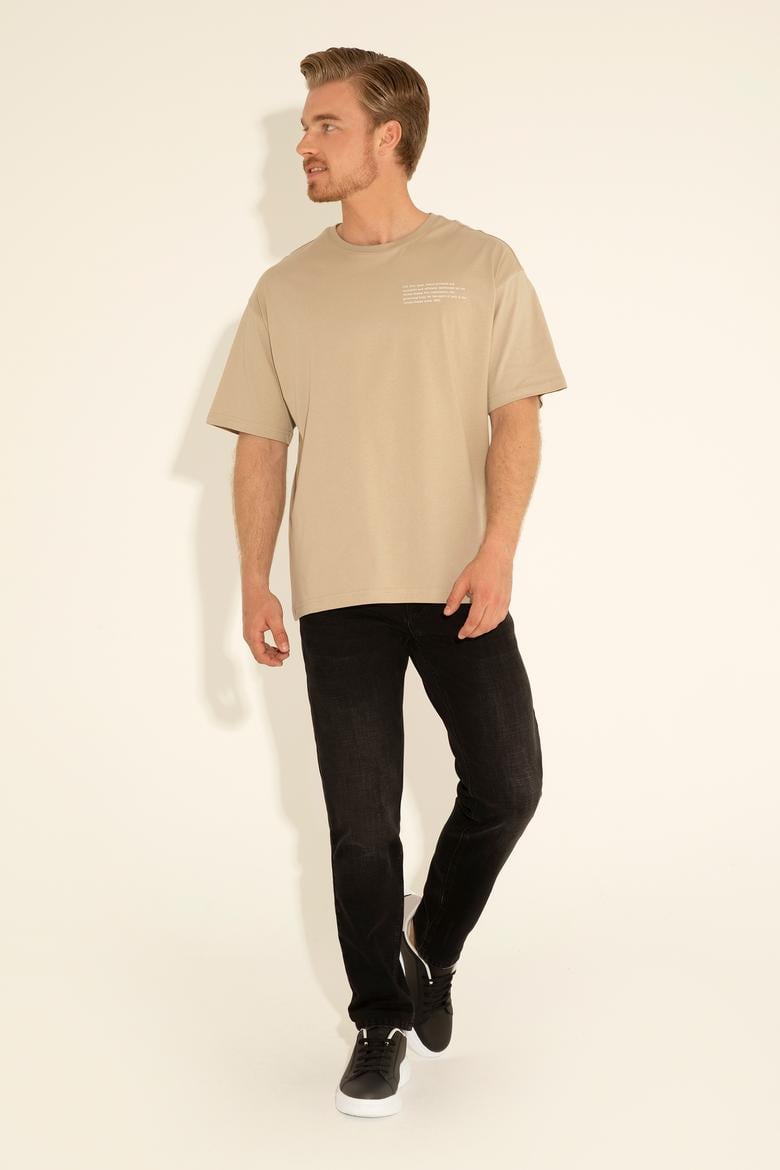 Erkek Comfort Fit Bisiklet Yaka Açık Haki Tişört - 50281566001