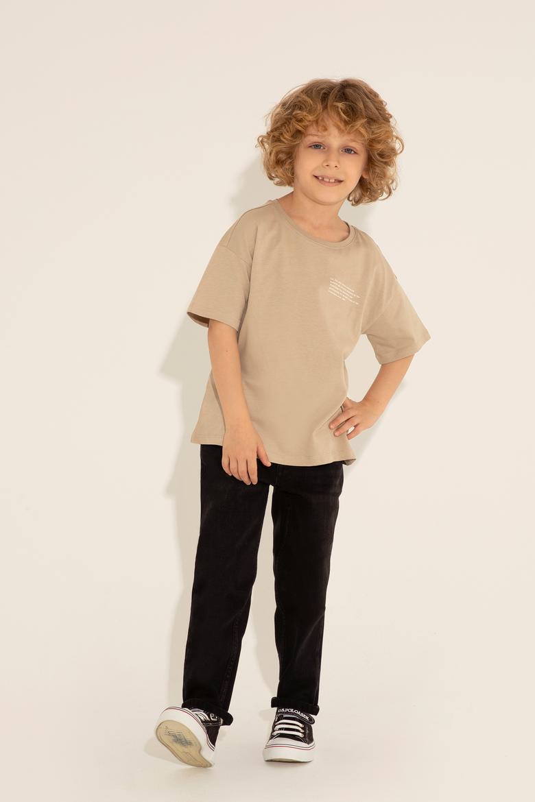 Erkek Çocuk Açık Haki Oversize Bisiklet Yaka Tişört - 50281570019