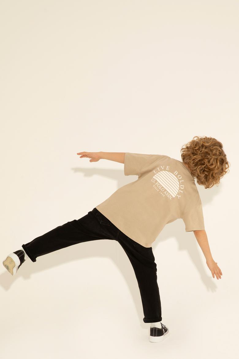 Erkek Çocuk Açık Haki Oversize Bisiklet Yaka Tişört - 50281570019