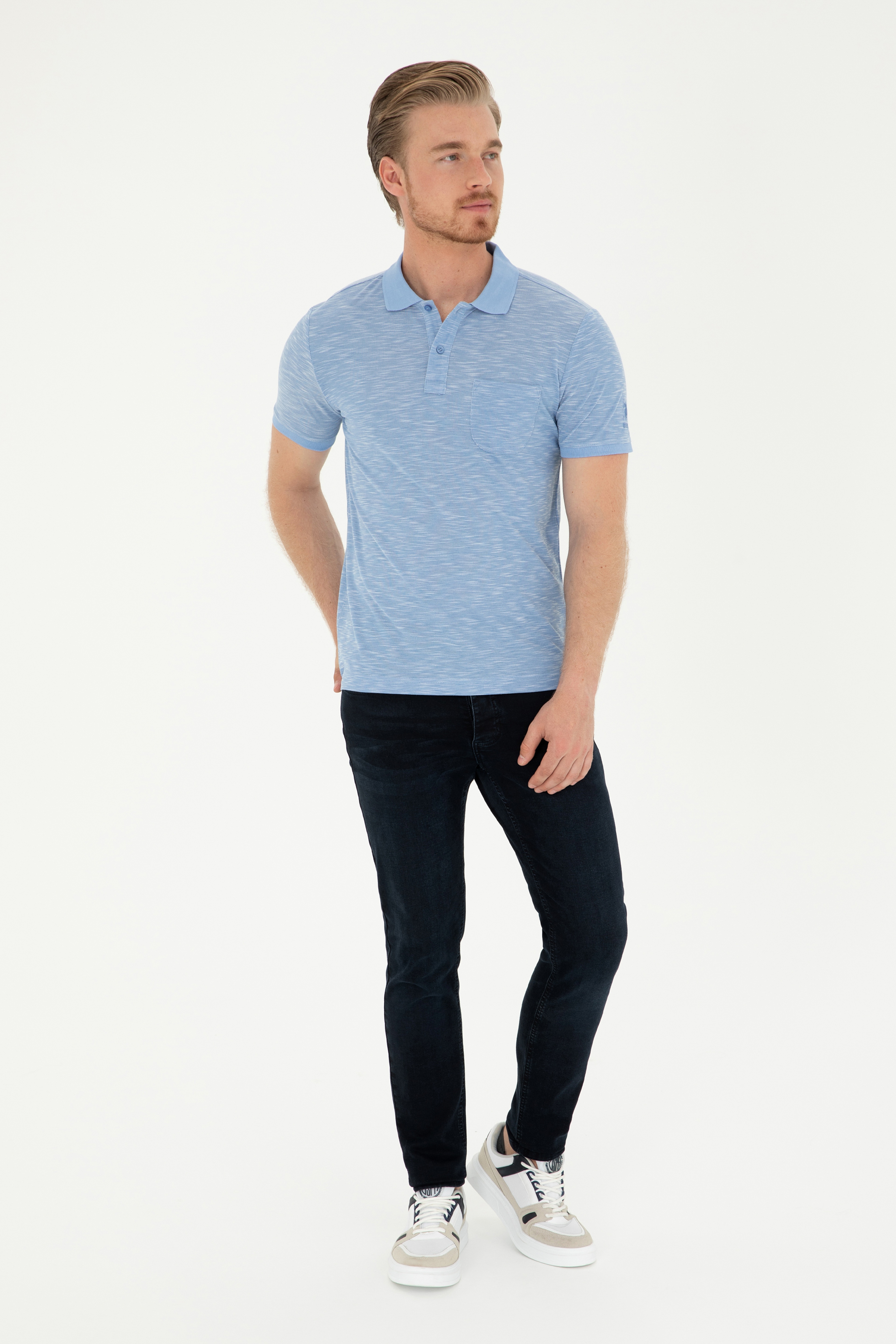 Erkek Slim Fit Polo Yaka Koyu Mavi Tişört