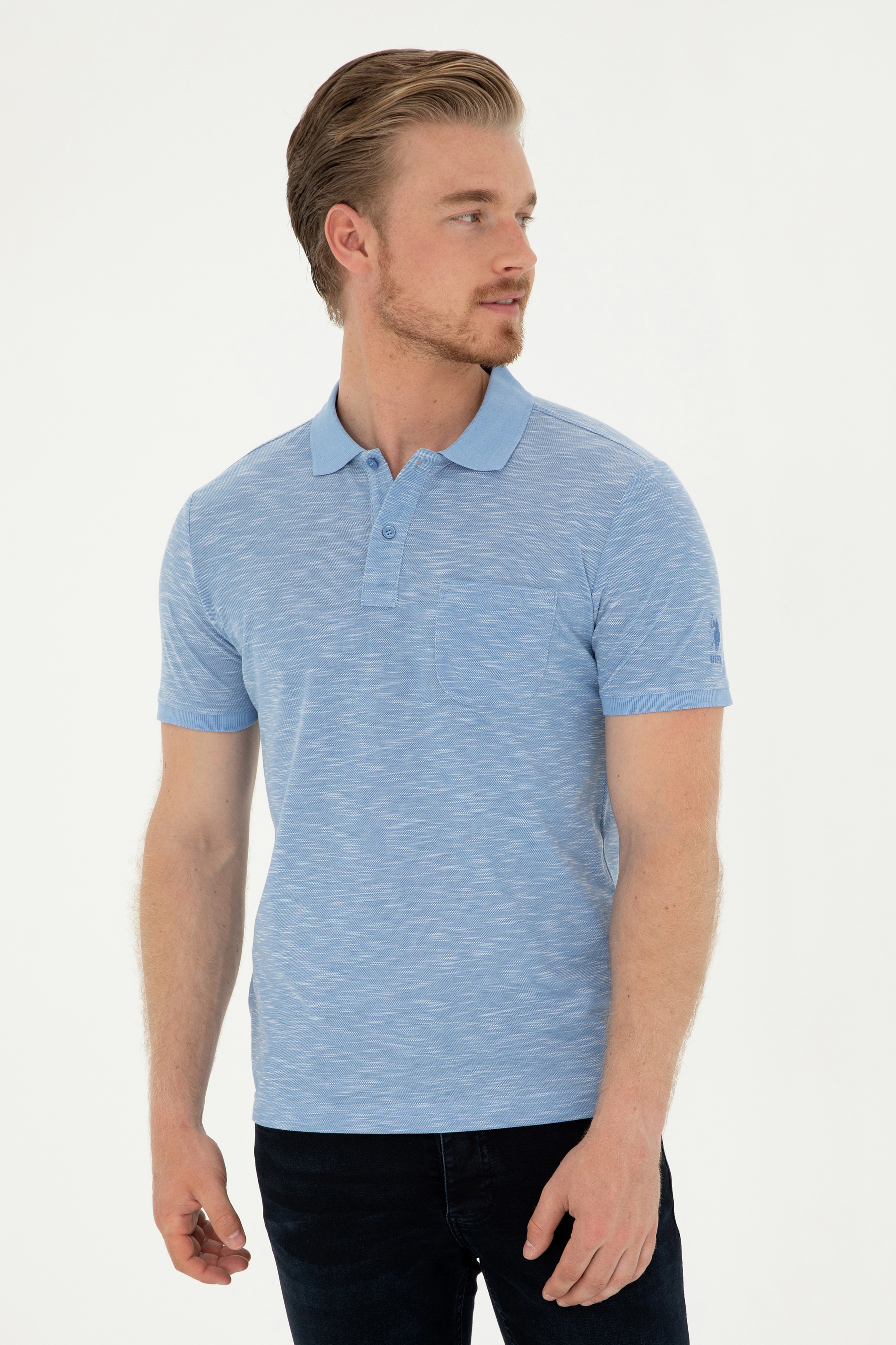 Erkek Slim Fit Polo Yaka Koyu Mavi Tişört - Image 1