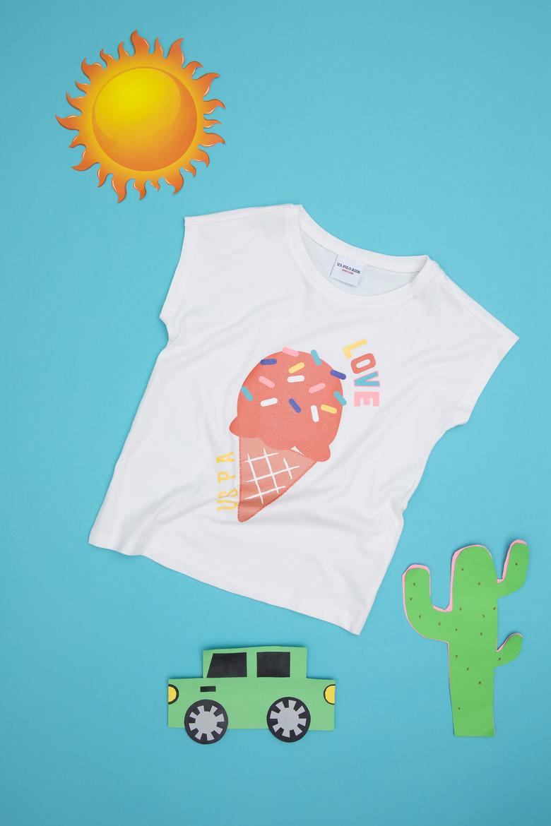 Kız Çocuk Ekru Bisiklet Yaka Tişört - 50288452015