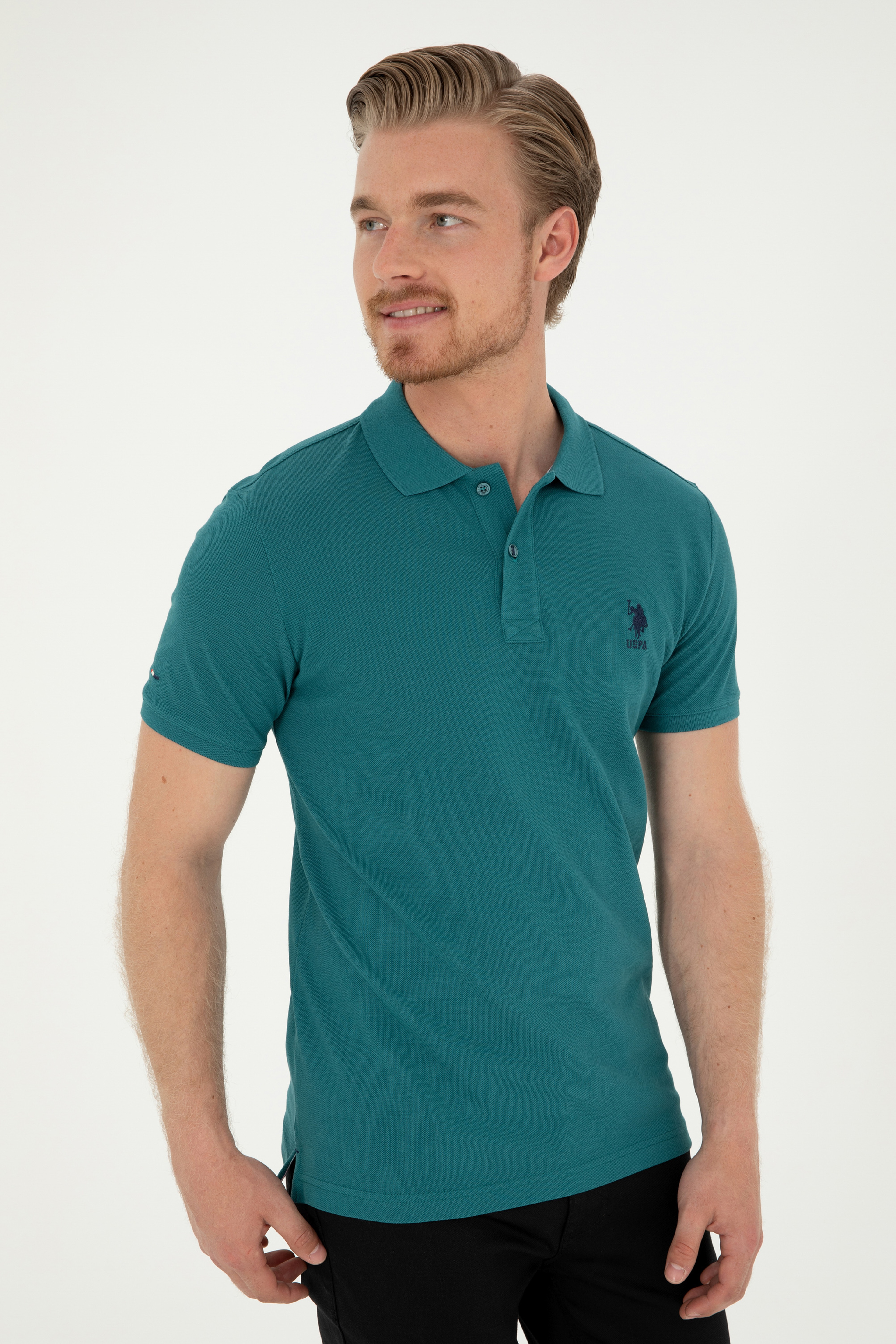 Erkek Slim Fit Polo Yaka Koyu Yeşil Basic Tişört