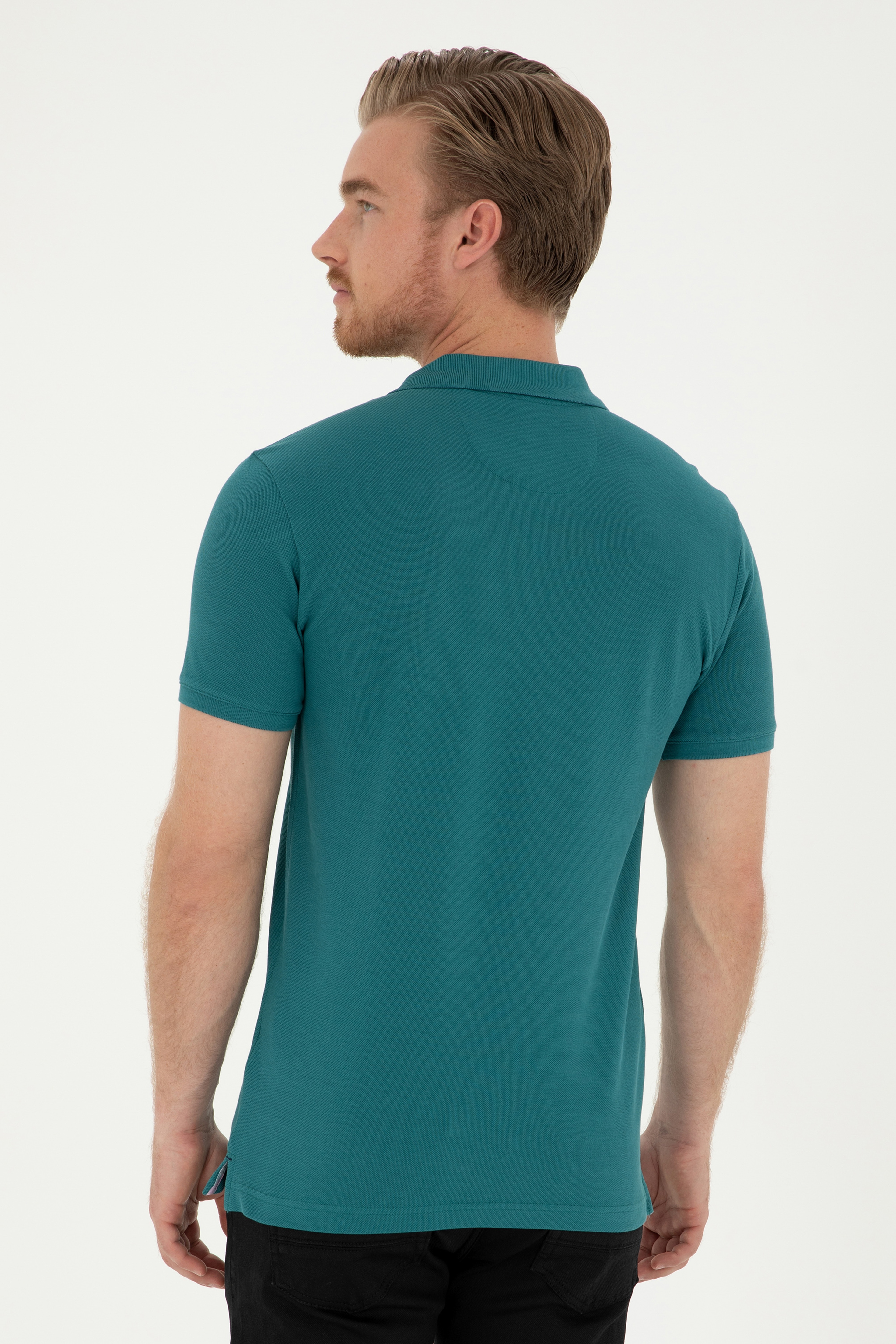 Erkek Slim Fit Polo Yaka Koyu Yeşil Basic Tişört - Image 5