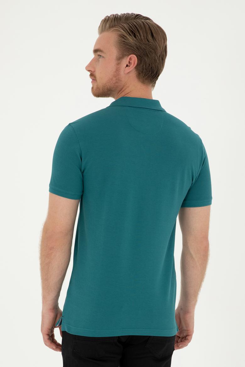 Erkek Slim Fit Polo Yaka Koyu Yeşil Basic Tişört - 50279613223