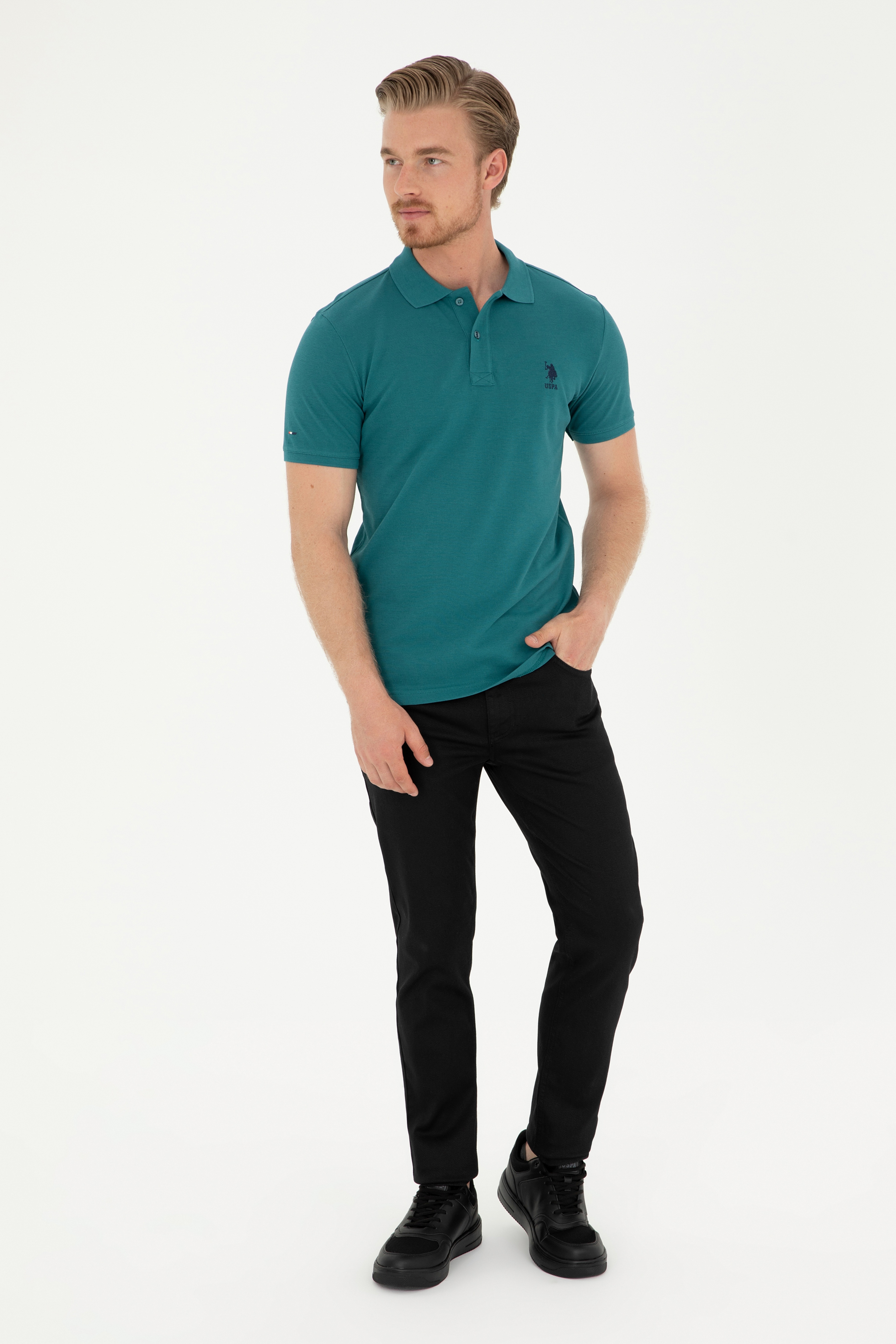 Erkek Slim Fit Polo Yaka Koyu Yeşil Basic Tişört - Image 4