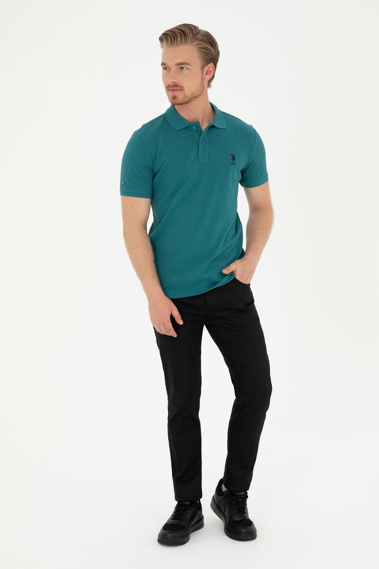 Erkek Slim Fit Polo Yaka Koyu Yeşil Basic Tişört - 50279613223