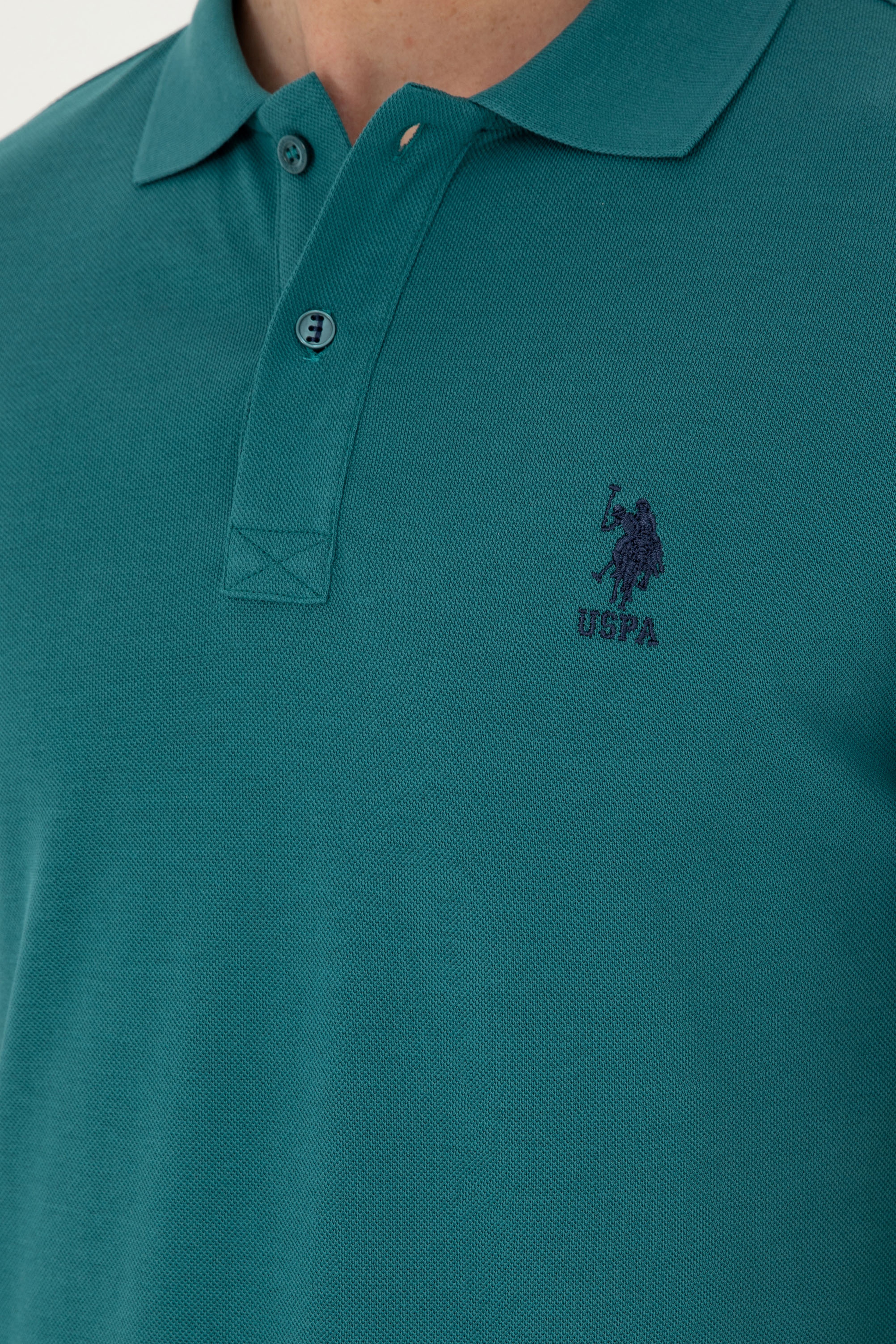 Erkek Slim Fit Polo Yaka Koyu Yeşil Basic Tişört
