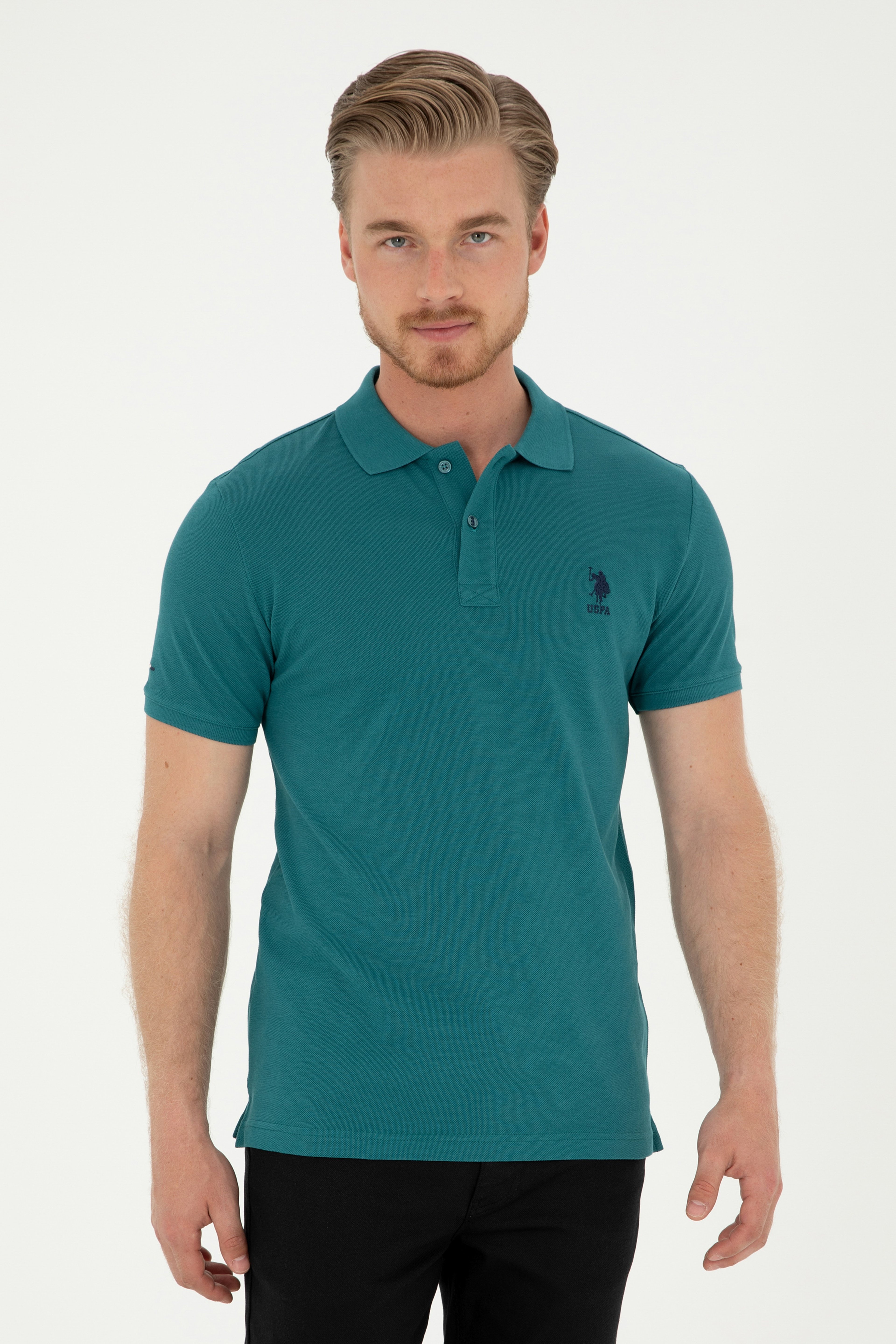 Erkek Slim Fit Polo Yaka Koyu Yeşil Basic Tişört - Image 1