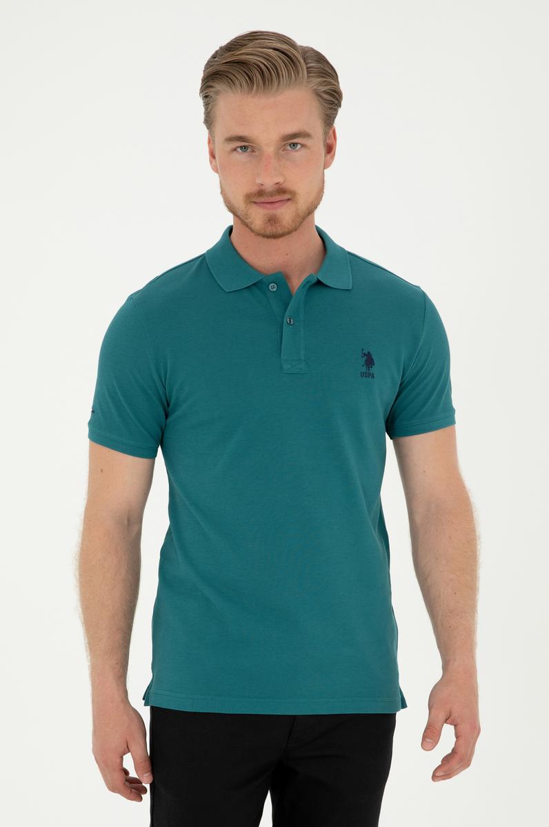 Erkek Slim Fit Polo Yaka Koyu Yeşil Basic Tişört