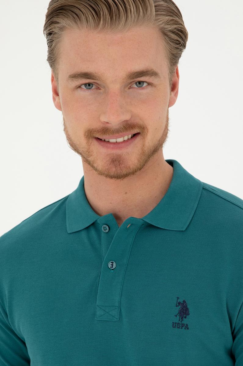 Erkek Slim Fit Polo Yaka Koyu Yeşil Basic Tişört