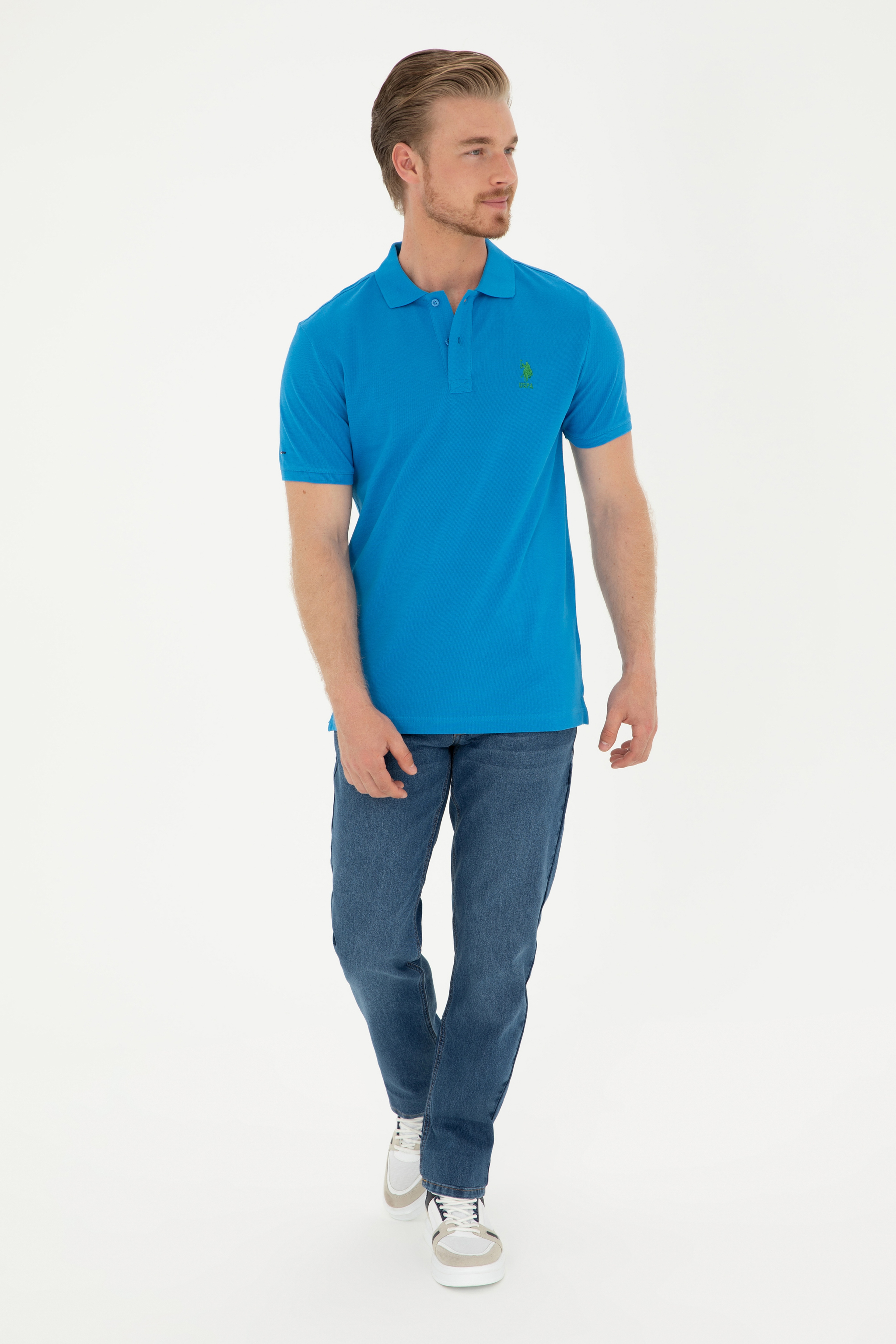 Erkek Slim Fit Polo Yaka Saks Basic Tişört - Image 4
