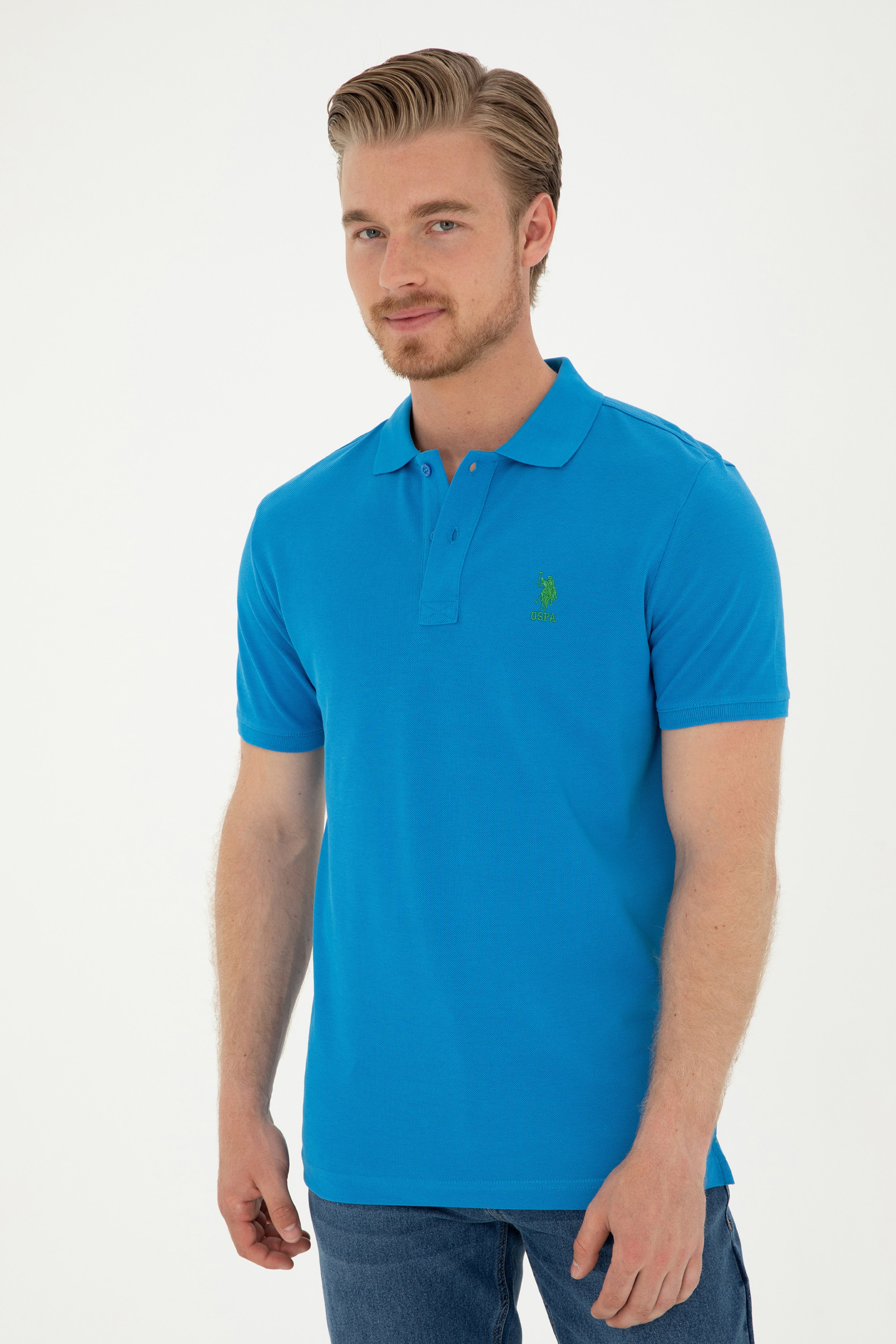 Erkek Slim Fit Polo Yaka Saks Basic Tişört - Image 3