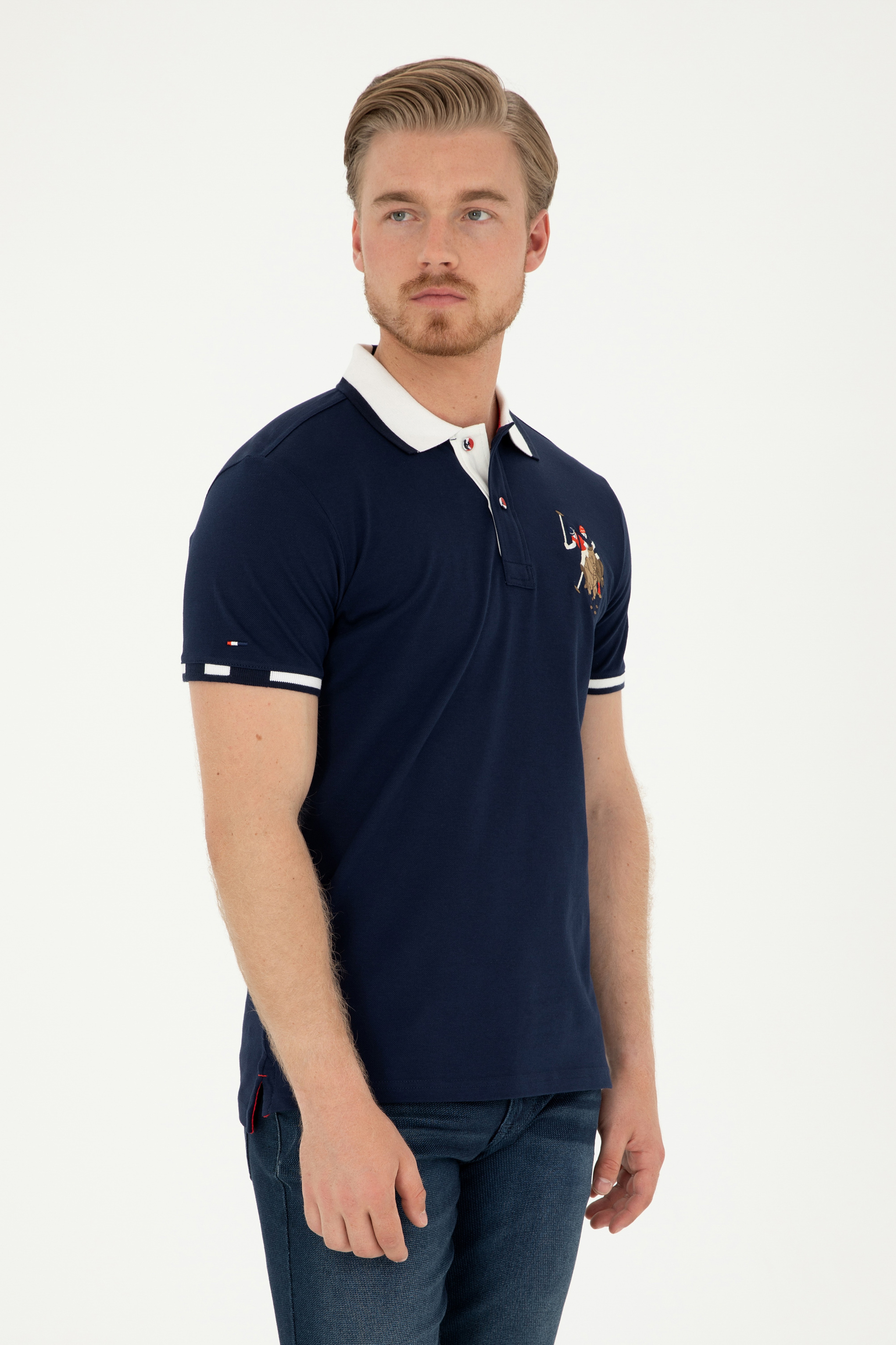 Erkek Slim Fit Polo Yaka Lacivert Basic Tişört - Image 1