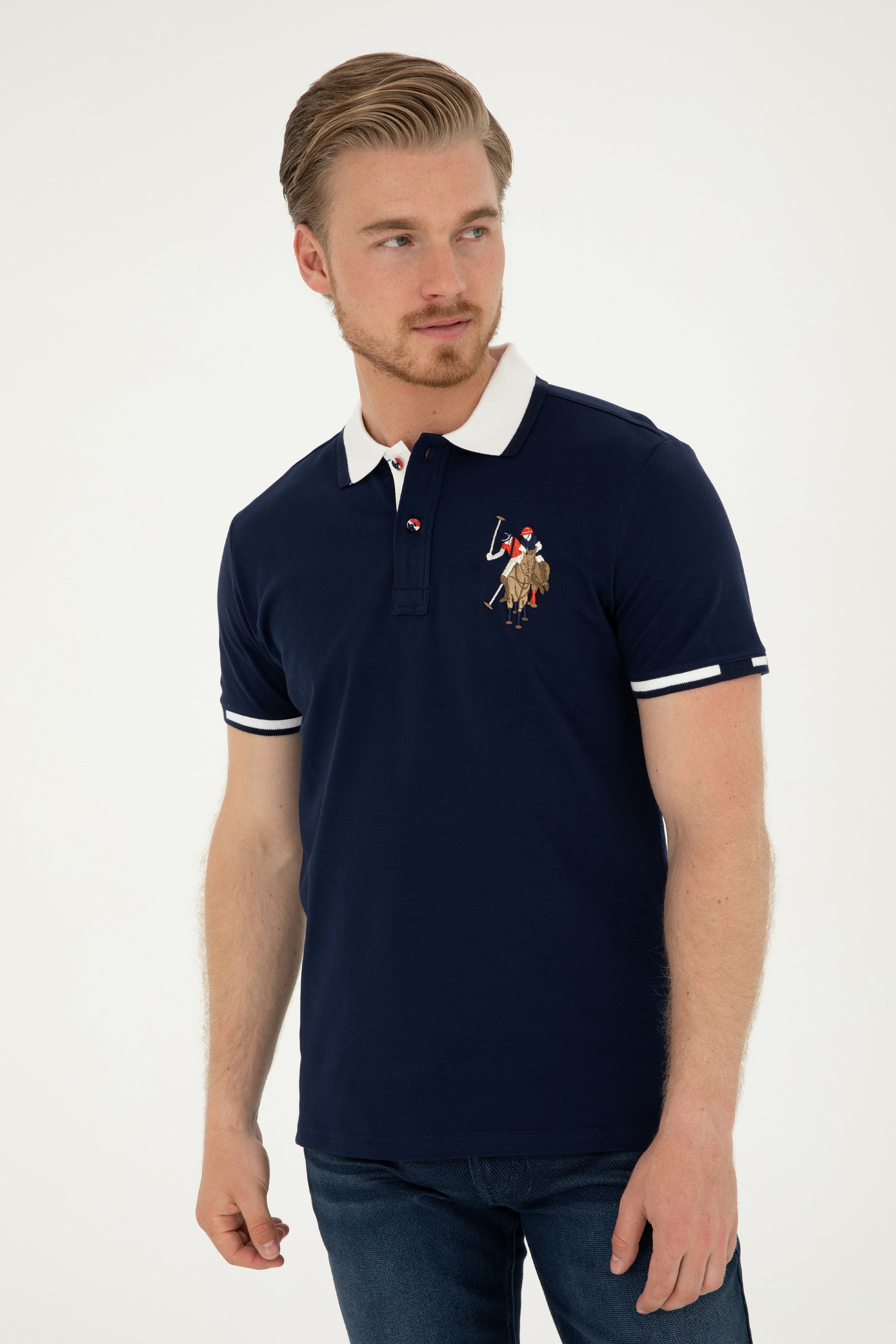 Erkek Slim Fit Polo Yaka Lacivert Basic Tişört