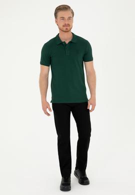 Erkek Slim Fit Polo Yaka Koyu Yeşil Basic Tişört - 50279613364