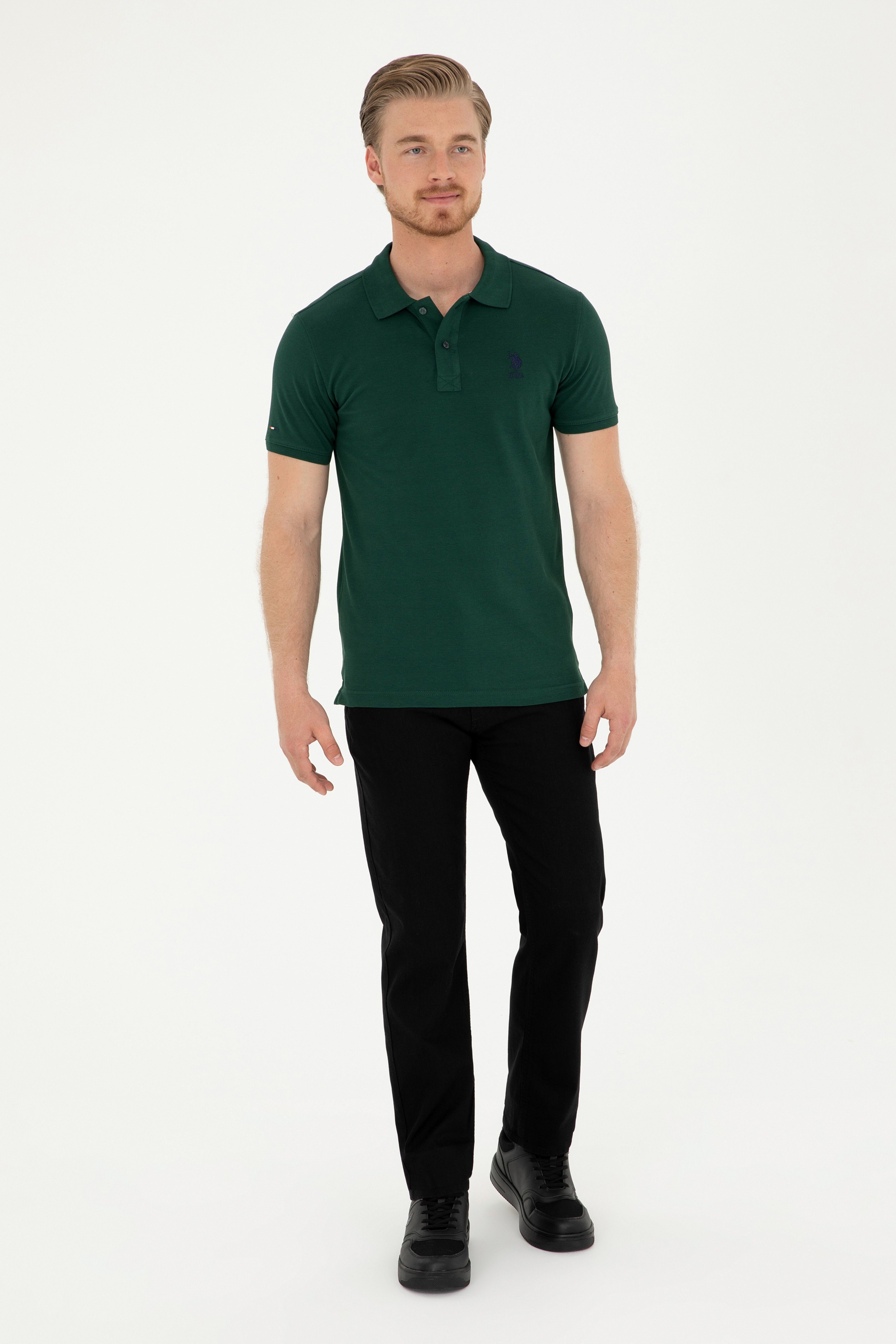 Erkek Slim Fit Polo Yaka Koyu Yeşil Basic Tişört - Image 4