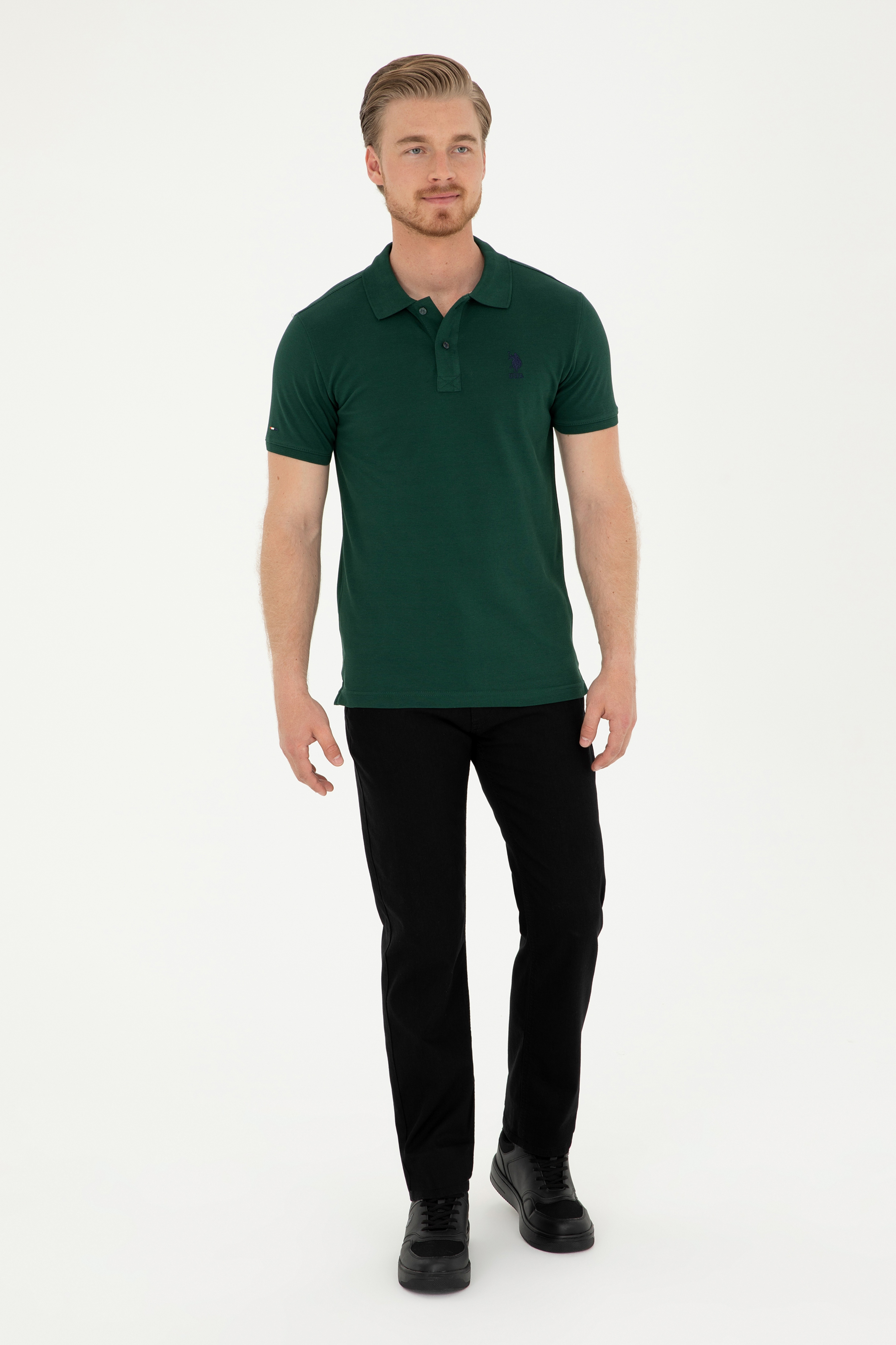 Erkek Slim Fit Polo Yaka Koyu Yeşil Basic Tişört