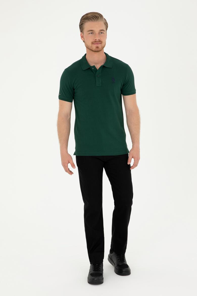 Erkek Slim Fit Polo Yaka Koyu Yeşil Basic Tişört - 50279613364