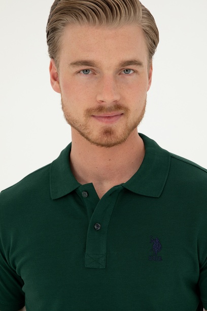 Erkek Slim Fit Polo Yaka Koyu Yeşil Basic Tişört