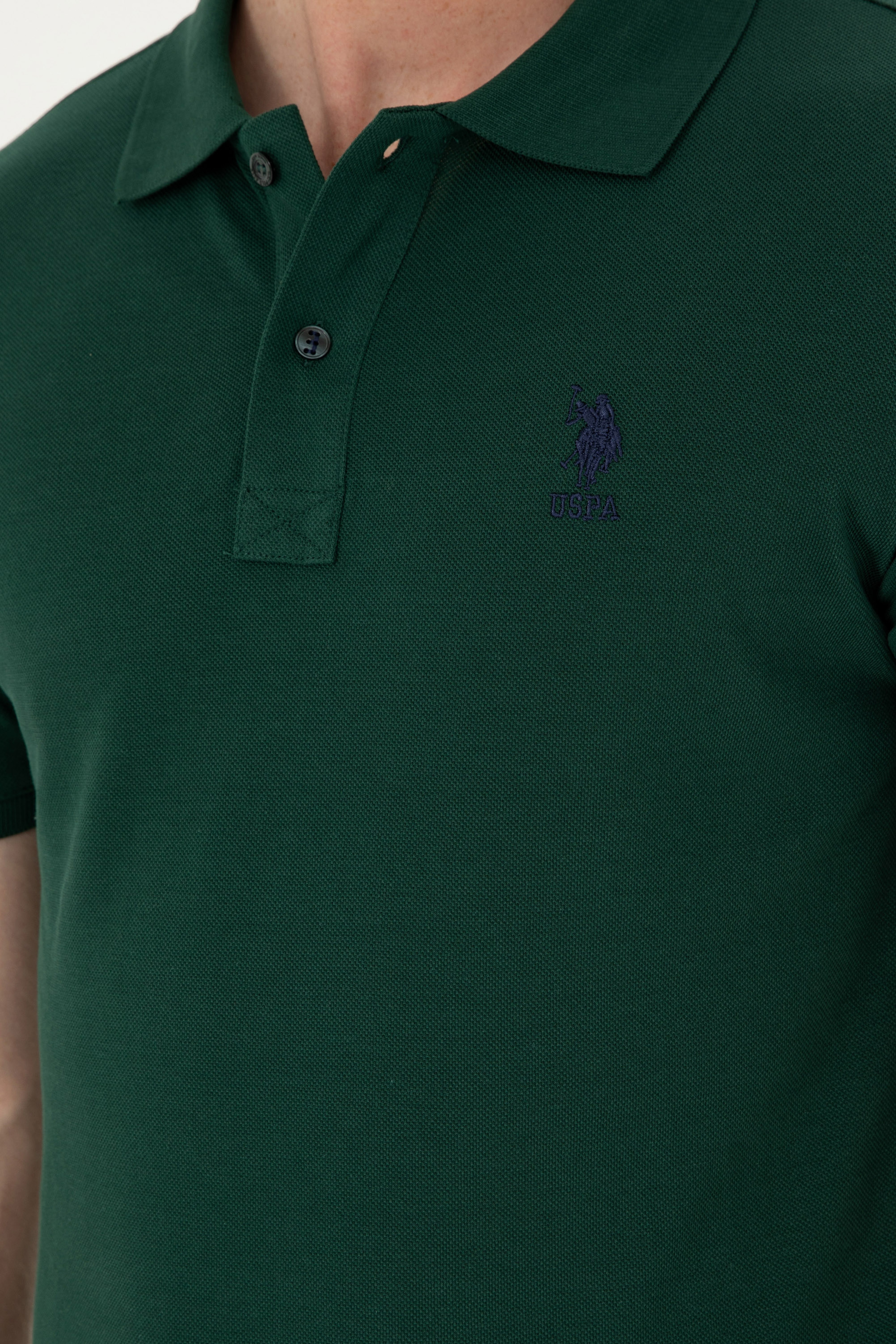 Erkek Slim Fit Polo Yaka Koyu Yeşil Basic Tişört