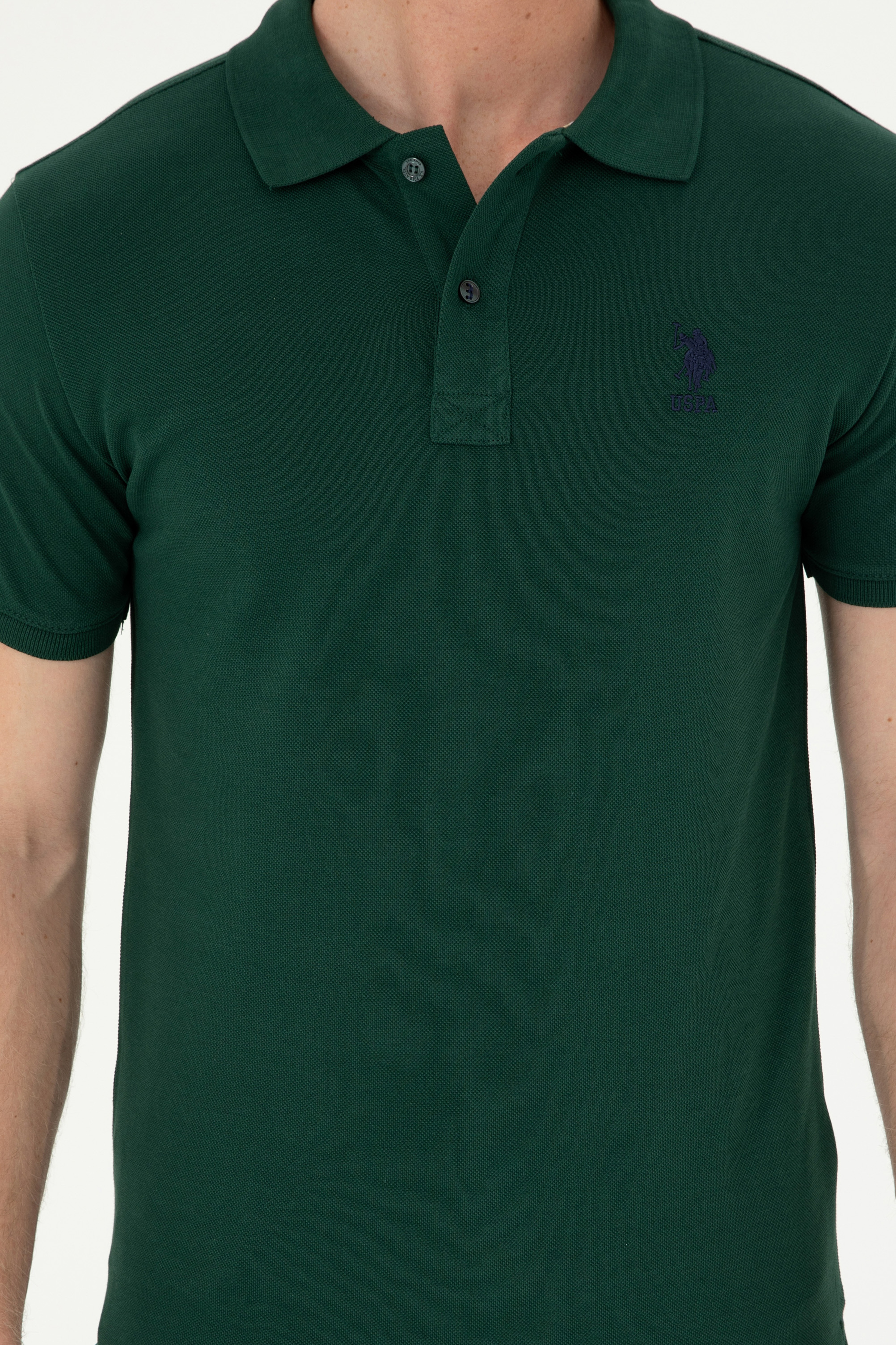 Erkek Slim Fit Polo Yaka Koyu Yeşil Basic Tişört