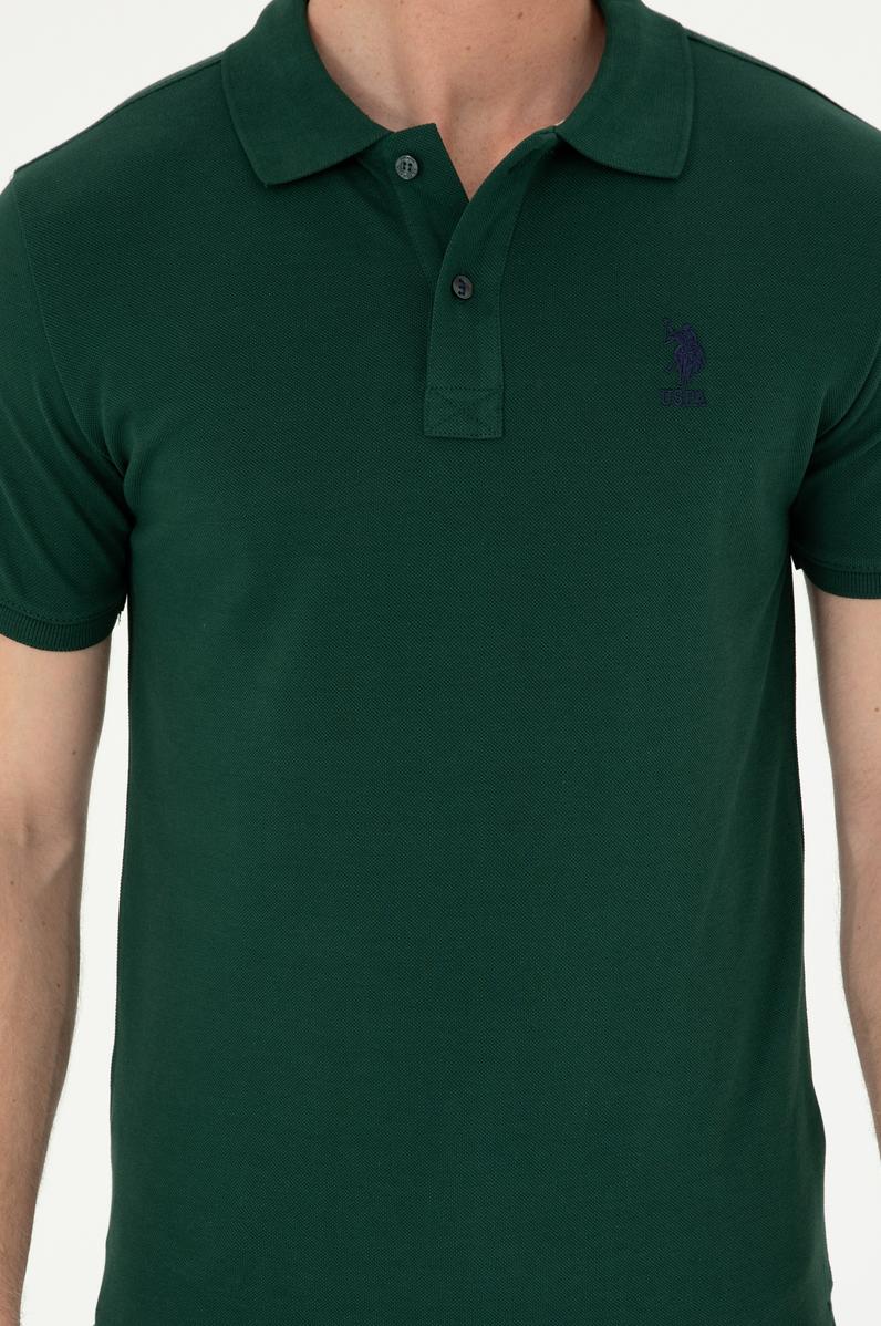 Erkek Slim Fit Polo Yaka Koyu Yeşil Basic Tişört