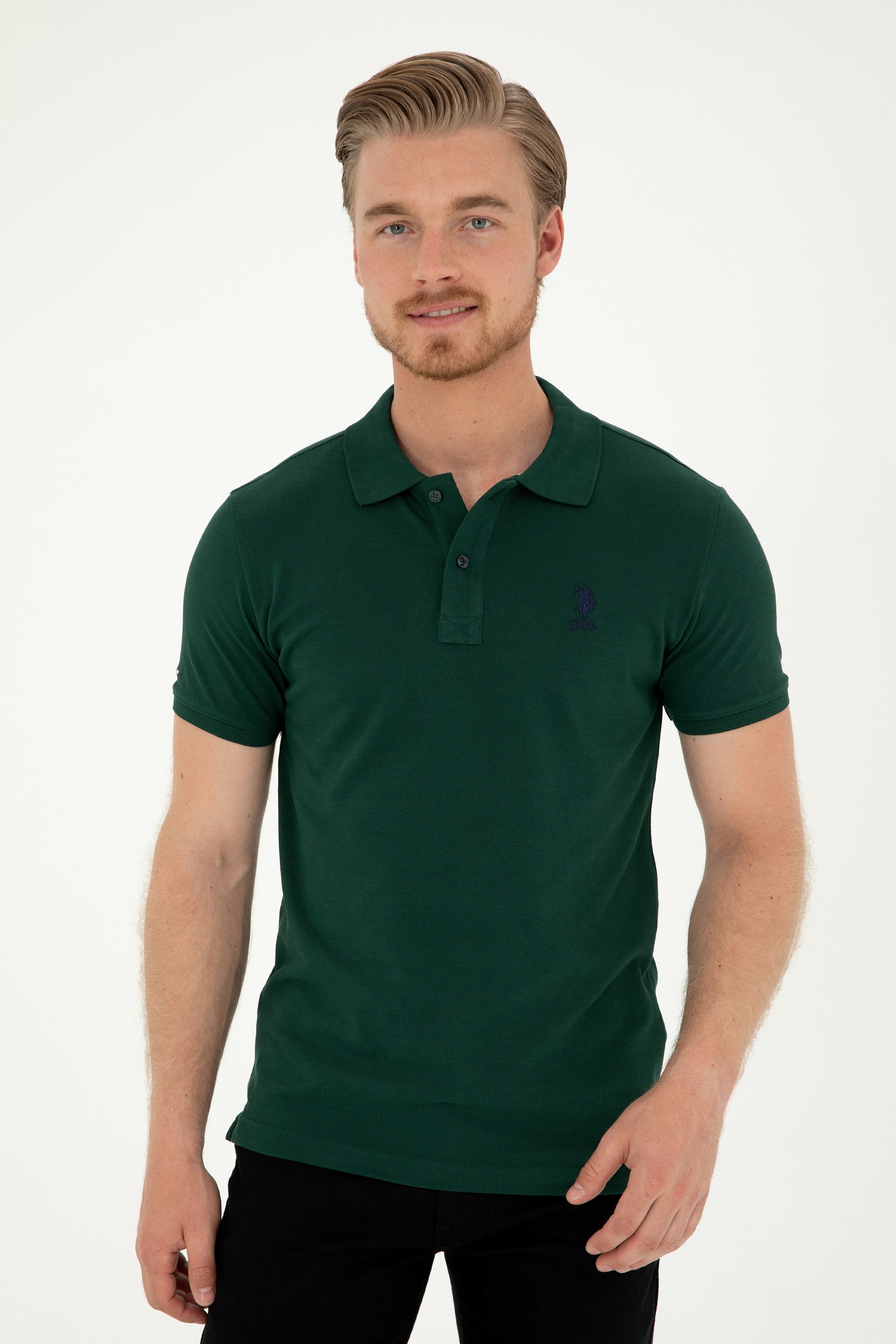 Erkek Slim Fit Polo Yaka Koyu Yeşil Basic Tişört - Image 3