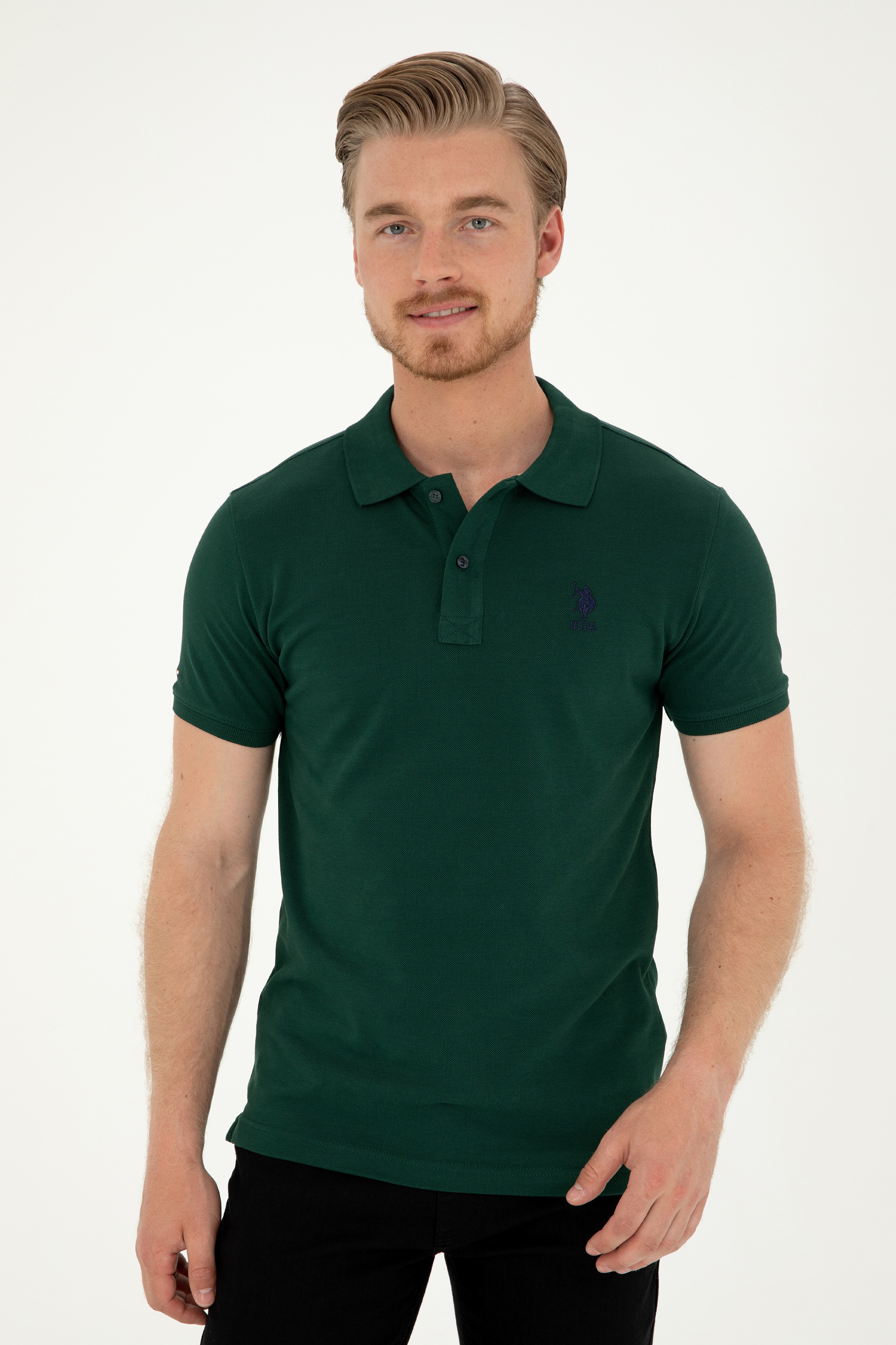 Erkek Slim Fit Polo Yaka Koyu Yeşil Basic Tişört