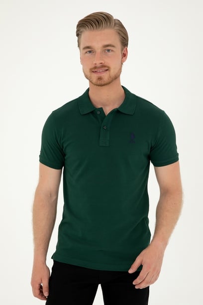Erkek Slim Fit Polo Yaka Koyu Yeşil Basic Tişört
