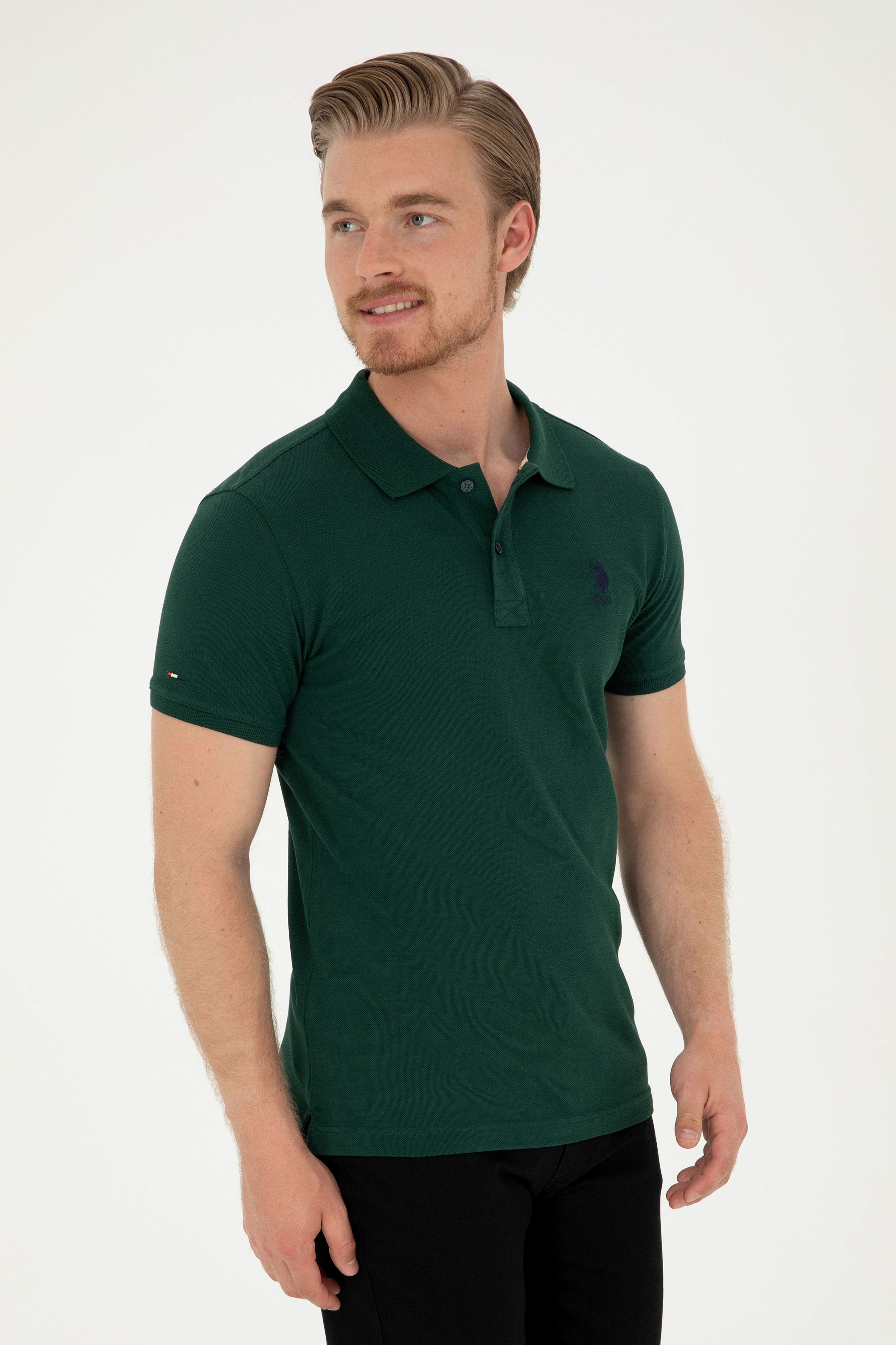 Erkek Slim Fit Polo Yaka Koyu Yeşil Basic Tişört - Image 1