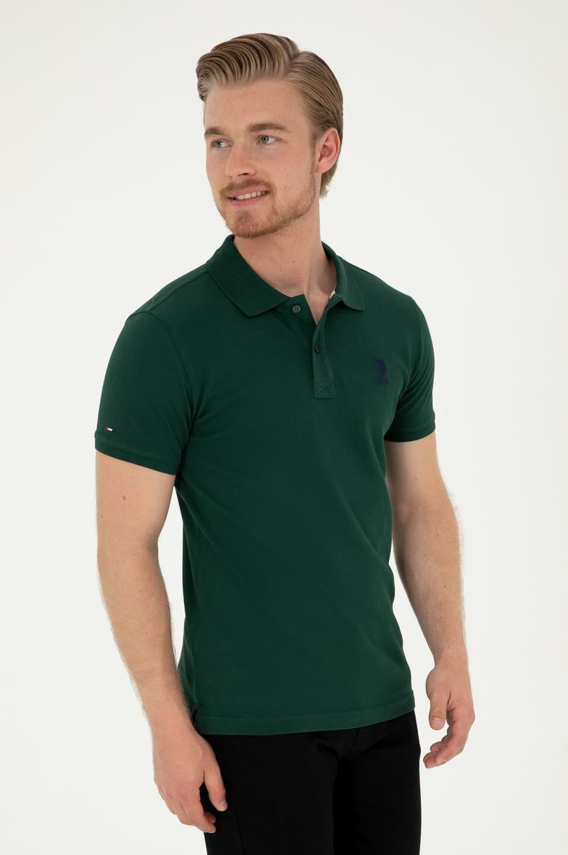Erkek Slim Fit Polo Yaka Koyu Yeşil Basic Tişört