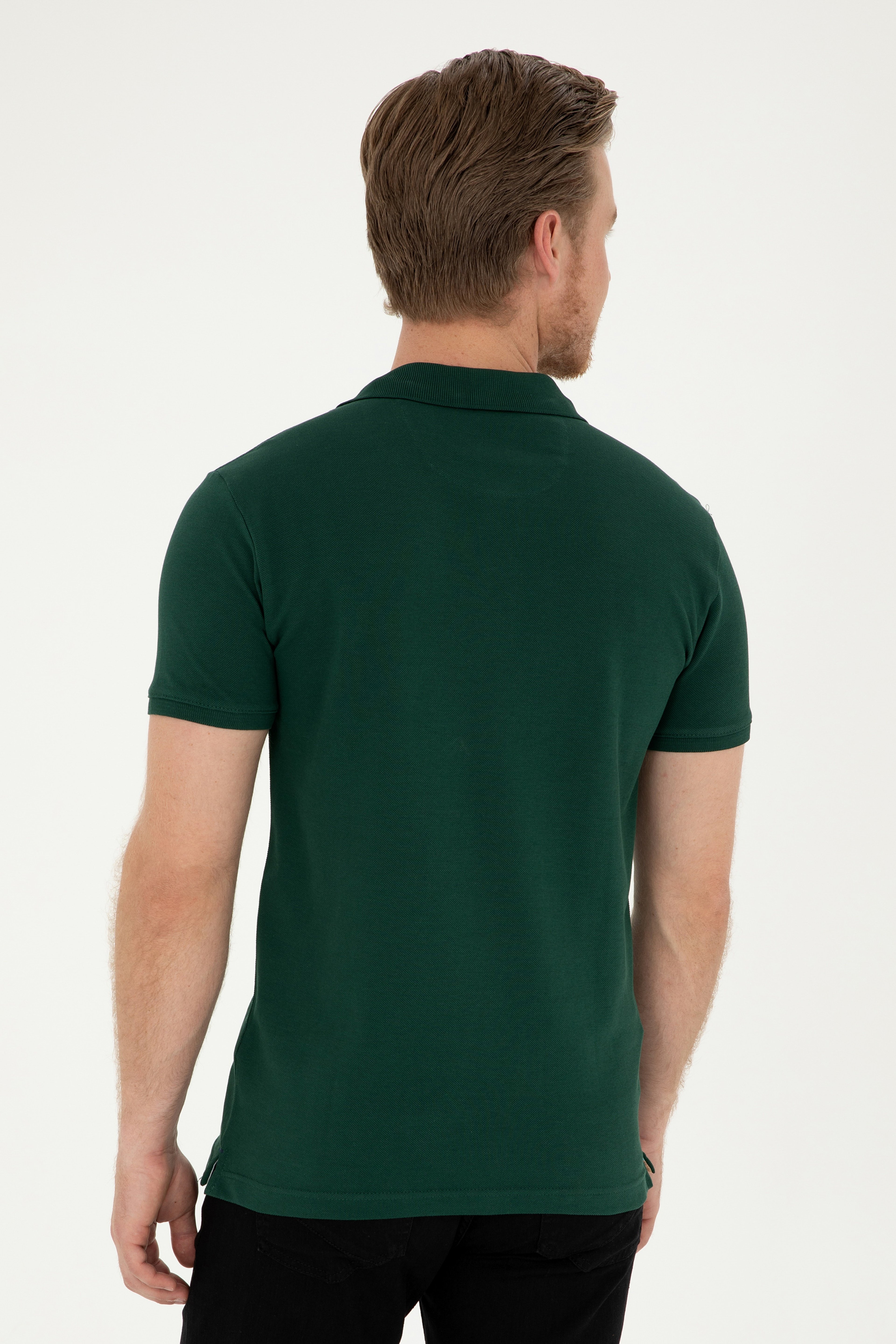 Erkek Slim Fit Polo Yaka Koyu Yeşil Basic Tişört - Image 5