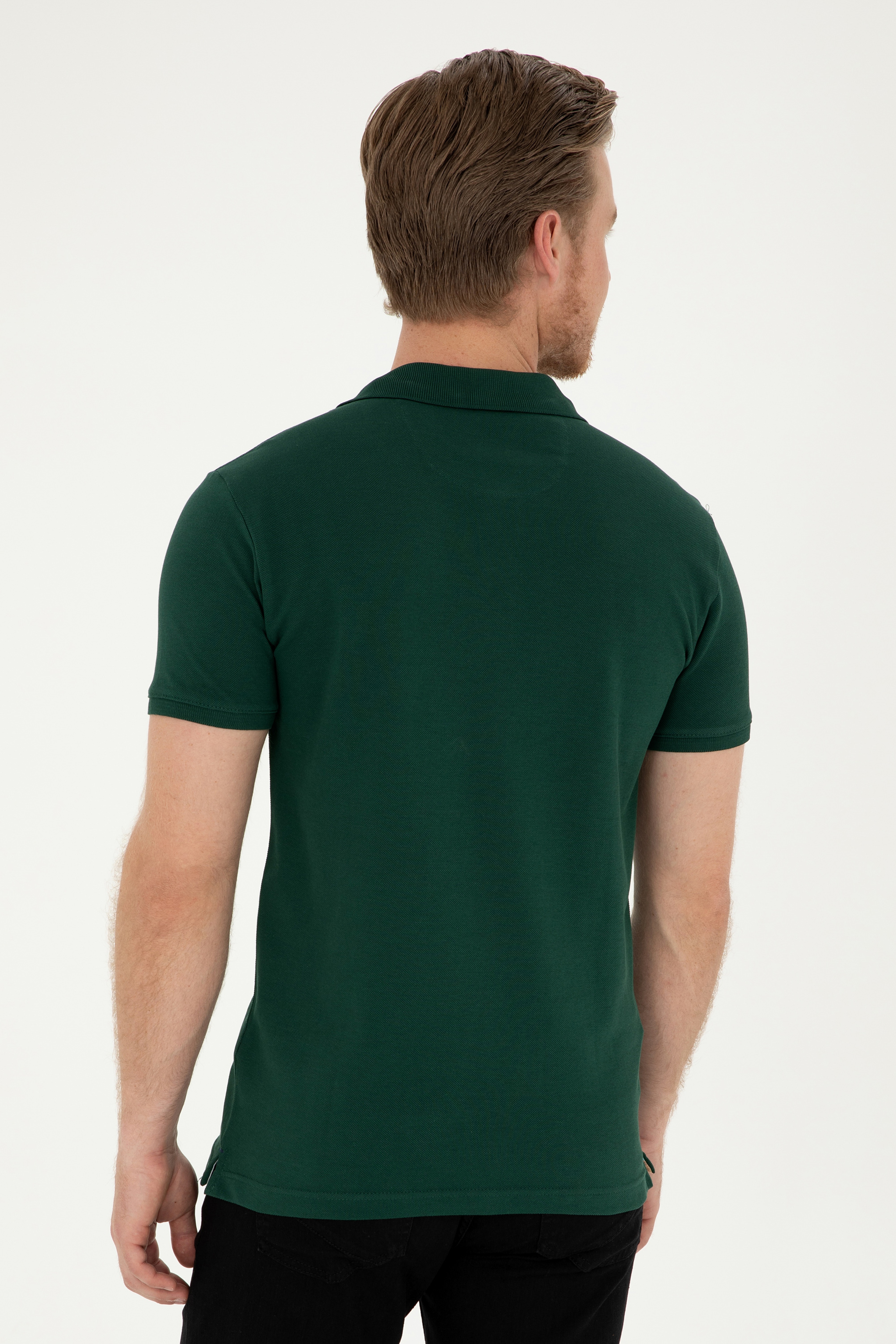 Erkek Slim Fit Polo Yaka Koyu Yeşil Basic Tişört