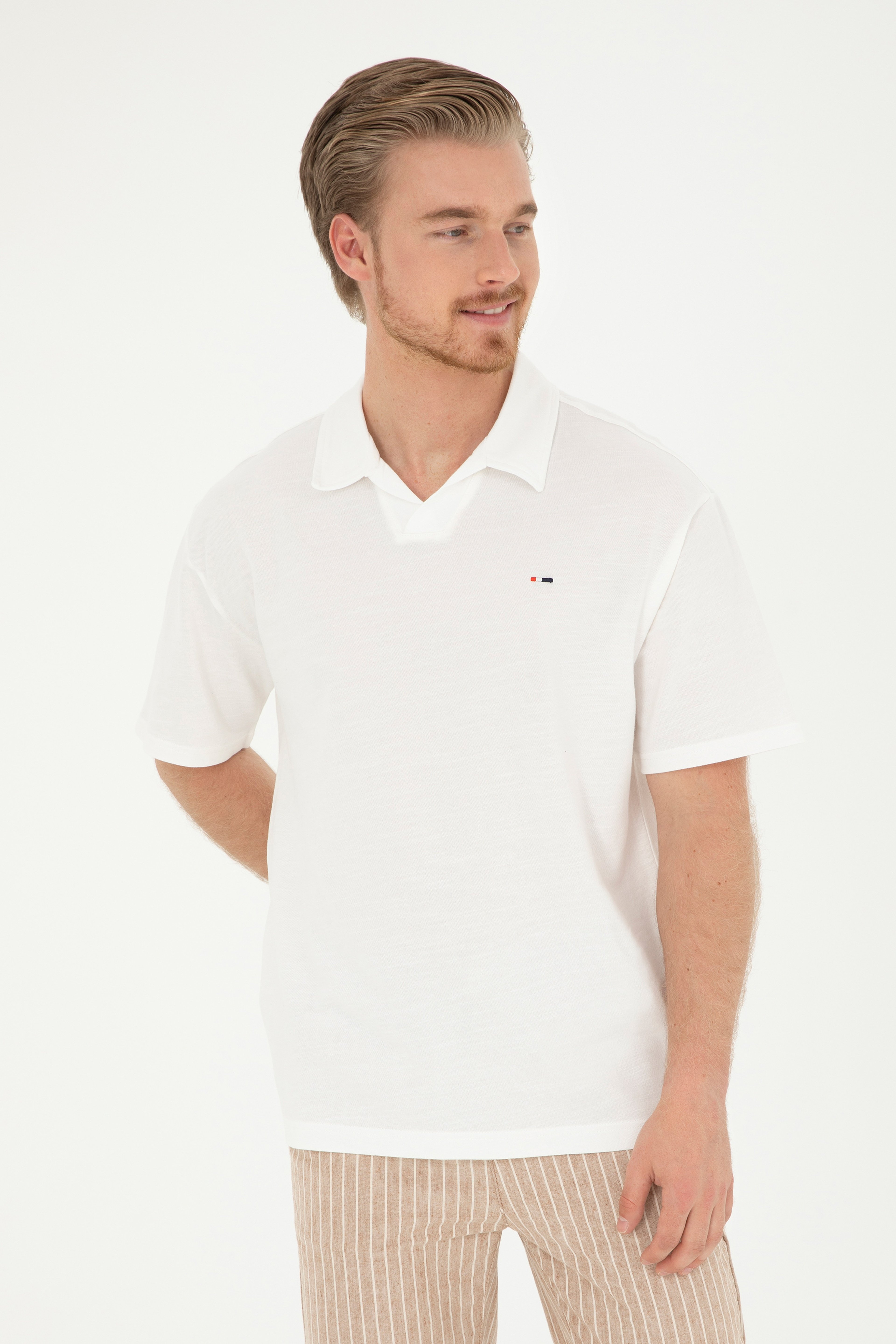 Erkek Comfort Fit Polo Yaka Ekru Tişört - Image 1